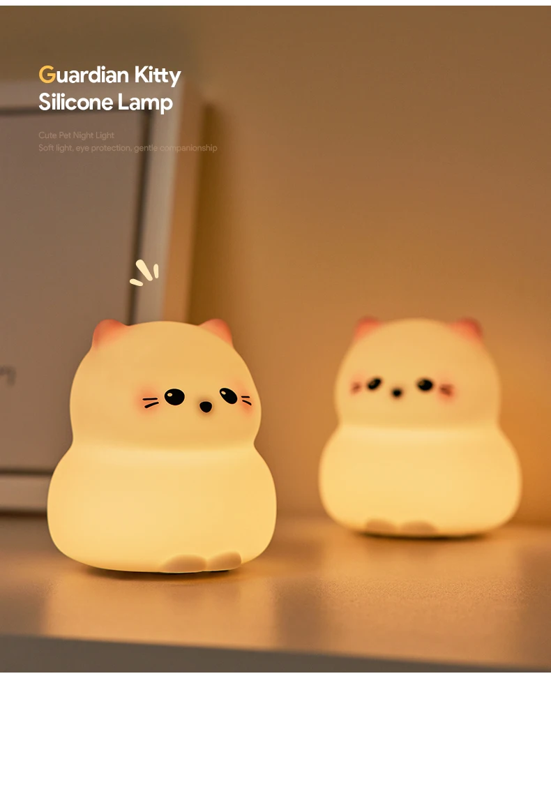 Guardian Kitty Silicone LED Night Lights USB Rechargeable Sleep Night Lamp Timing Bedside Room Decor Kids Baby Nightlight Gift