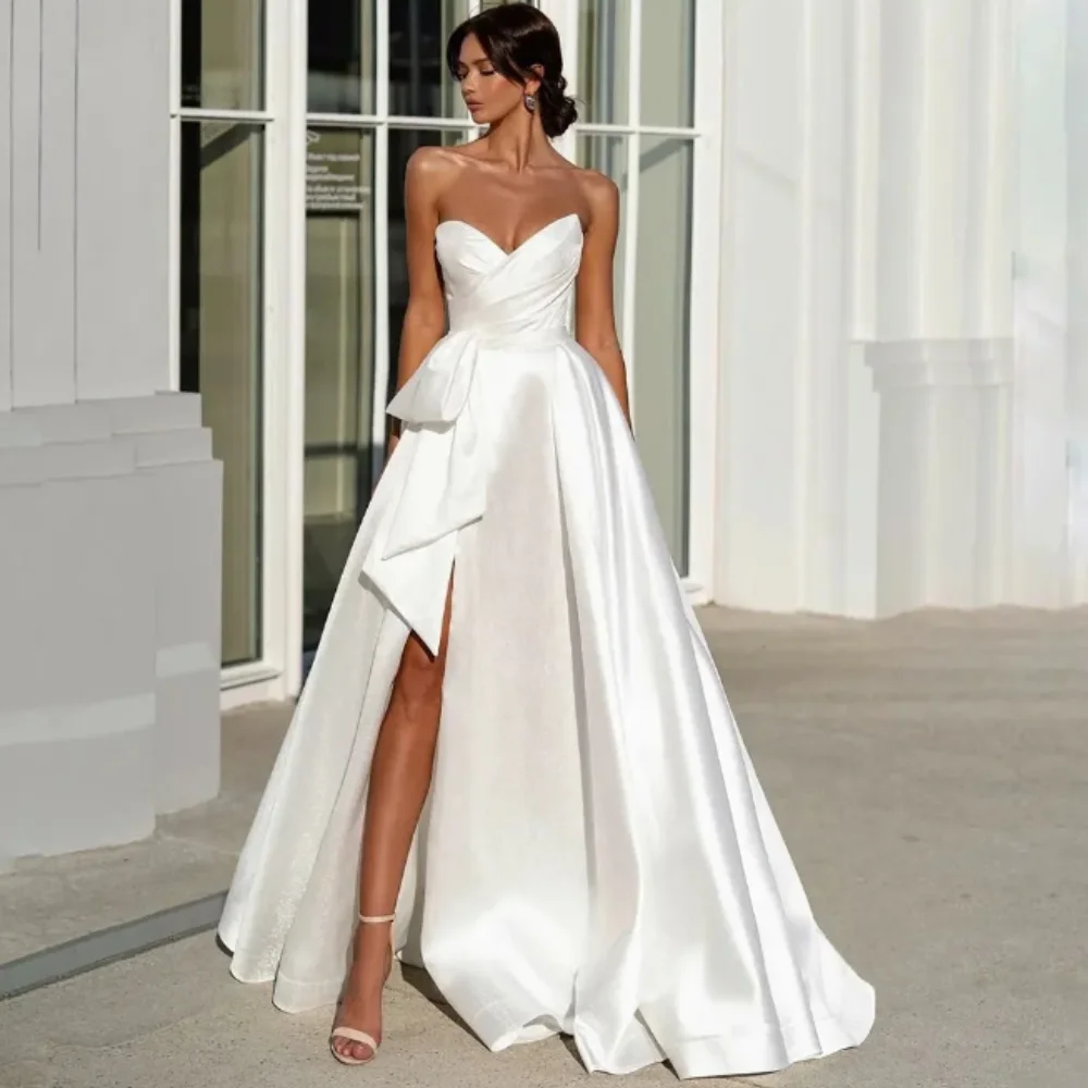 Robe de mariée en satin avec pli sur mesure, moderne, élégante, fendue sur le côté, sexy, fête de mariage, quel que soit le patient chérie