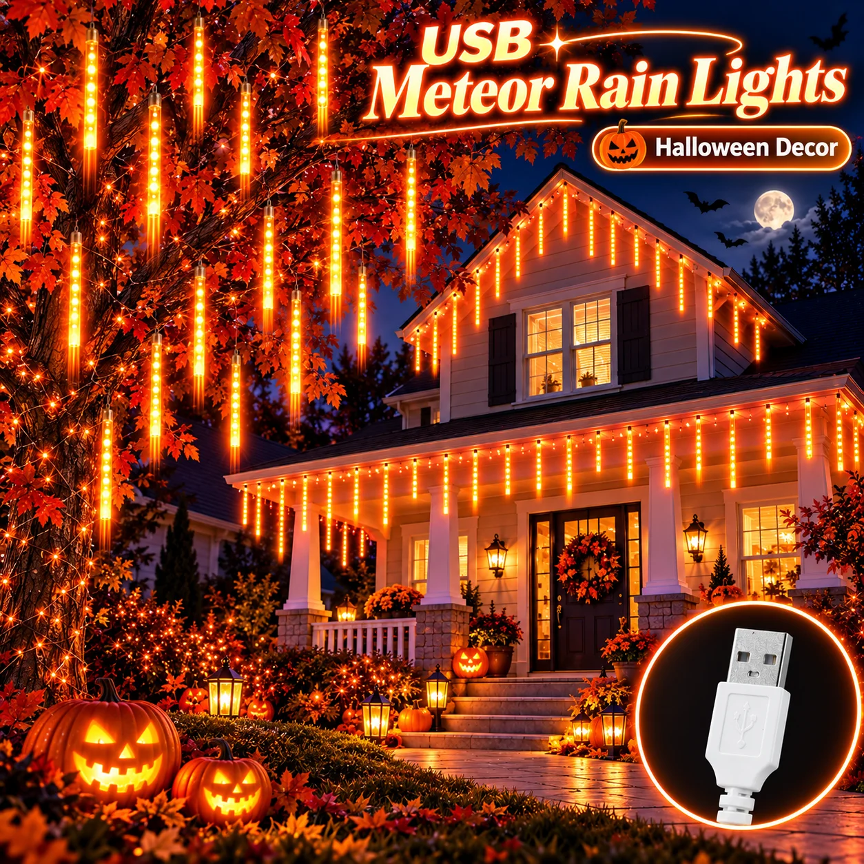 Halloween Orange USB Meteor Shower Lights Falling Rain Icicle Fairy String Lights for Pumpkin Porch Haunted House Yard Decor