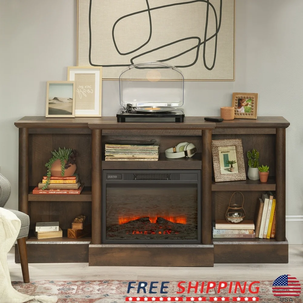 

Каминная подставка для телевизора Телевизоры до 70 дюймов с электрическим обогревателем Регулируемые полки Бочка для управления шнуром Дубовая отделка