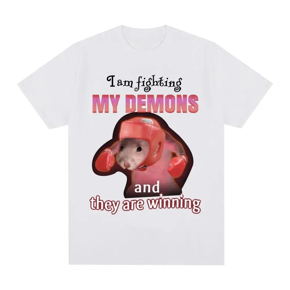 Funny Rat Meme I Am Fighting My Demons Letter Print Crew Neck T Shirt Fashion Daily Short Sleeve Creative Tops For Men Women