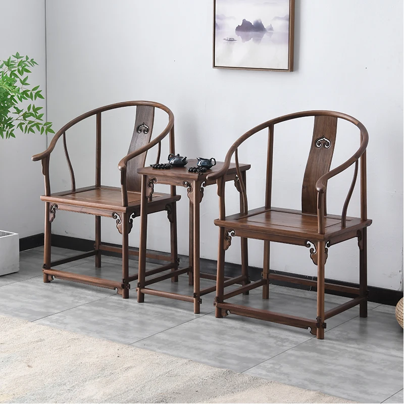 

New Chinese Style Black Walnut Wooden Circle Tea Table Three-Piece Set Corner Table Reception Chair