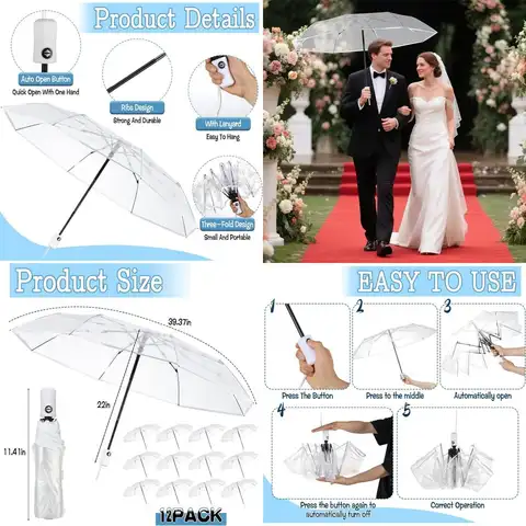 40 Automatic Open Clear Bubble Umbrella, 12-Pack for Weddings, Parties, Graduations & Outdoor Occasions
