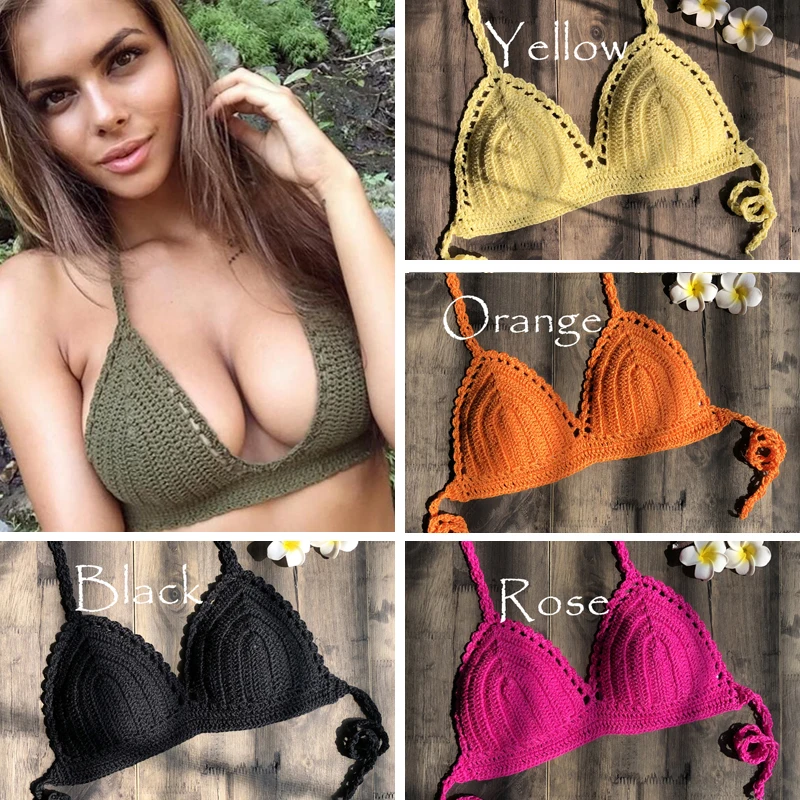 Szydełkowe BIKINI 2023 seksowna bluzka ręcznie robione na drutach szydełkowy krótki Top na ramiączkach kobiet letnie stroje kąpielowe koszulki na ramiączkach biustonosze do jogi