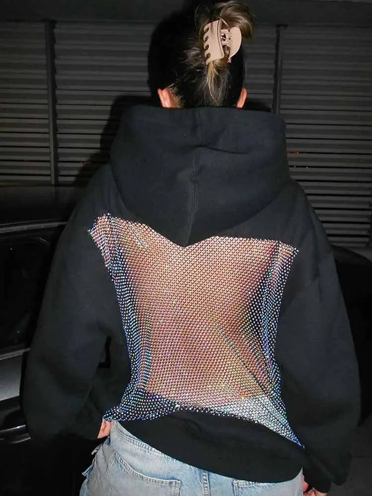 

Повседневные однотонные толстовки с капюшоном, женские сетчатые прозрачные толстовки сзади в стиле пэчворк, осень 2024, модный пуловер унисекс большого размера High Street