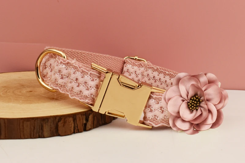 Pink Lace Dog Collar Personalizd Custom Engraved Nameplate Pet Wedding Collar Harness For Dogs Dog Accessories Luxury Lace03