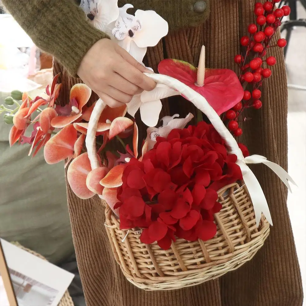 Tie Durable Hand Woven Photo Props Rattan Wedding Flower Girl Storage Basket Desktop Decoration Flower Basket Clutter Organizer