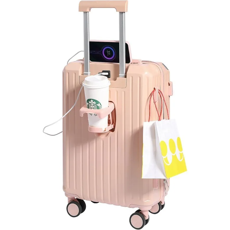 Carry-on Luggage with Cup Holder & USB Charging Port, Hard Side Luggage with Spinner Wheels, Lightweight Luggage for Travel