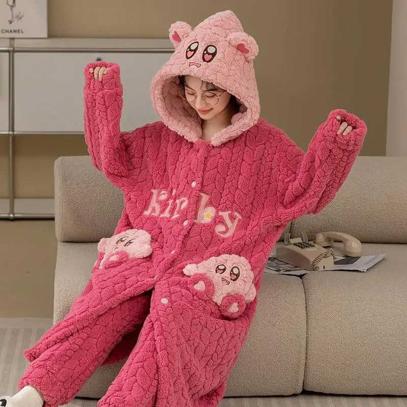 Kawaii Cute Kribys Coral Fleece Nightgown Pajama Set Thick Home Clothing Autumn Winter Warm Comfortable Pajamas Gift for Girls