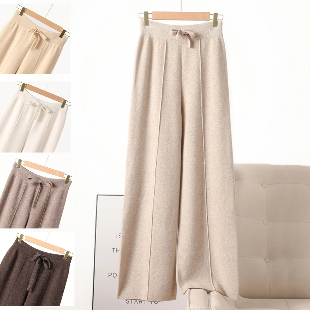 

Elastic Waist 100% Wool Soft Pants Winter Women's Wool Full Length Pants Thickened Knitted Long Solid Color Warm M-XL