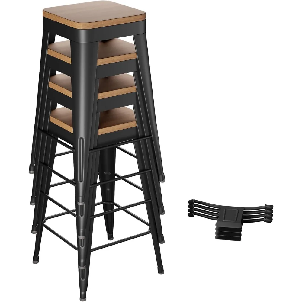 Bar Stools Set of 4 Metal Stool Counter Height Stools Black,Chairs with Back and Wooden Seat Bar Stools Counter Height