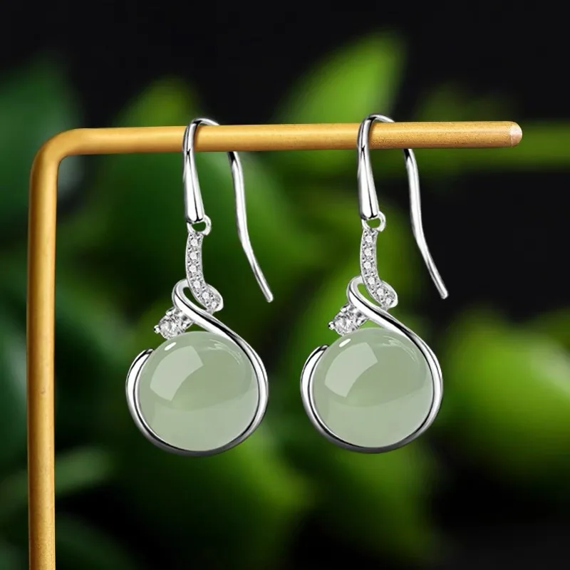PANJBJ 925 Sterling Silver Jade Drop Earring for Women Zircon Round  Classic Grace Ethnic Jewelry Anniversary Gift Dropshipping