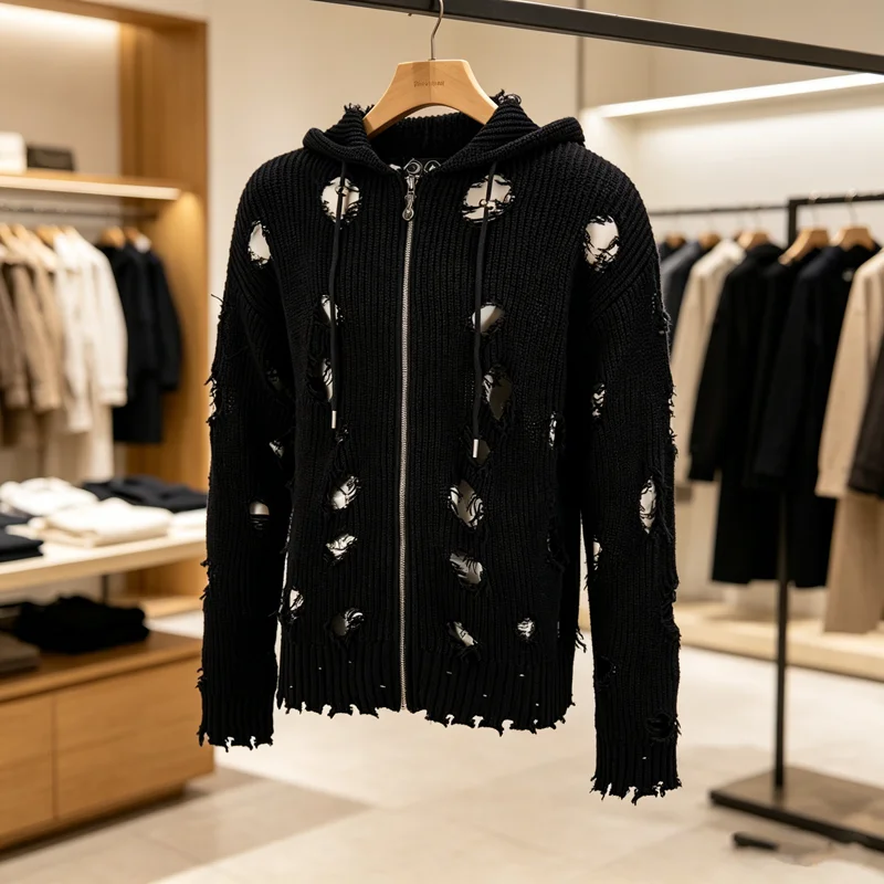 Hole Damaged Thug Club Knitt Zipper Hooded Sweater Men Women High Quality Hip Hop Streetwear Loose Breathe Knitt Sweater Hoodie