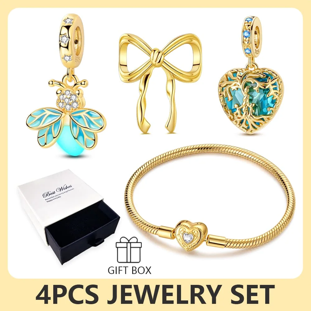 

4pcs Golden Firefly Jewelry Set Gift 925 Original Silver Charm Bracelet with Box Mother's Day Wedding Anniversary Birthday Gift