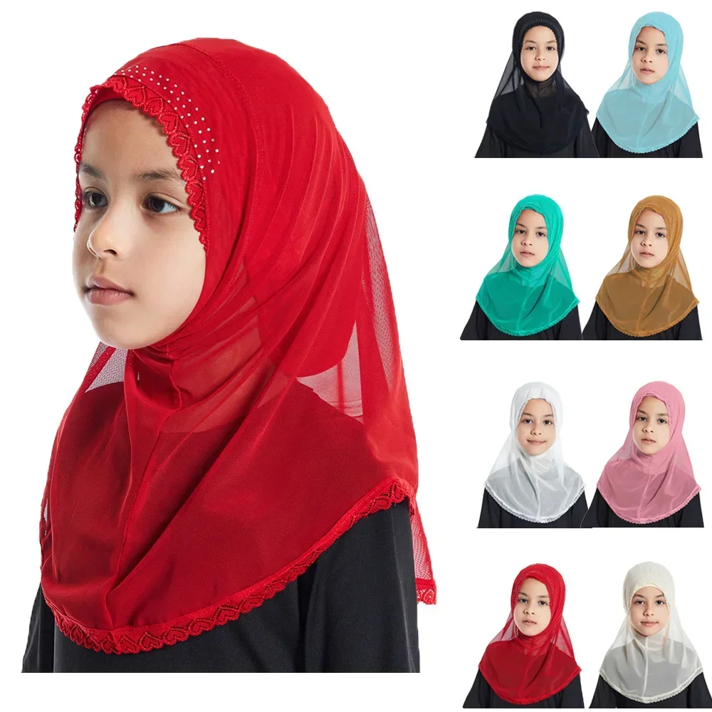 Kids Muslim Lace Rhinestone Girls Hijab Turban Caps One Piece Amira Islamic Under Scarf Shawls Headwear Wrap Hats Fit 2-6 Years