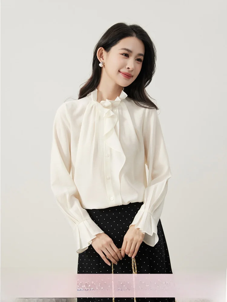 

Романтическая женская блузка с рюшами и длинными рукавами, из гладкого шелка, винтажная, прямого кроя, из полиэфирного волокна, для весенней моды