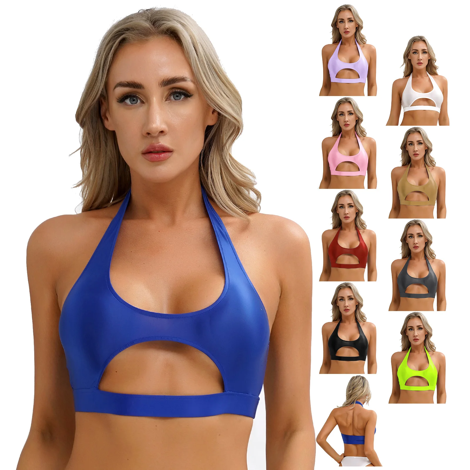 Womens Glossy Crop Tops Cutout Halter Vest Solid Color Stretchy Backless Tank Tops for Workout Gym Fitness Pool Party Nightclub