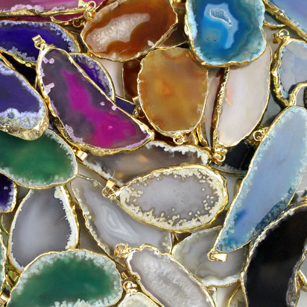

3 pcs Irregular Natural Blue Agate Stone Slice Plated Brim Diy Hanging Accessories For Jewelry Necklace Sweater Zipper Wind