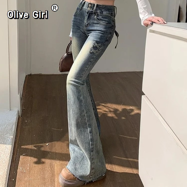 Olivegirl Denim Jeans American Retro High Waisted Flared Jeans Women Trousers Spring 2026 Y2k Bow Slim Elastic Long Pants