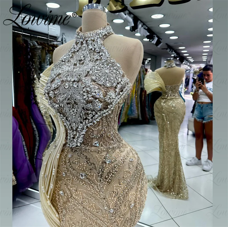 Luxo pérolas de cristal sereia vestido feminino, vestidos longos de baile, vestidos de celebridades, personalizar o robe, fora do ombro, champanhe, 2024