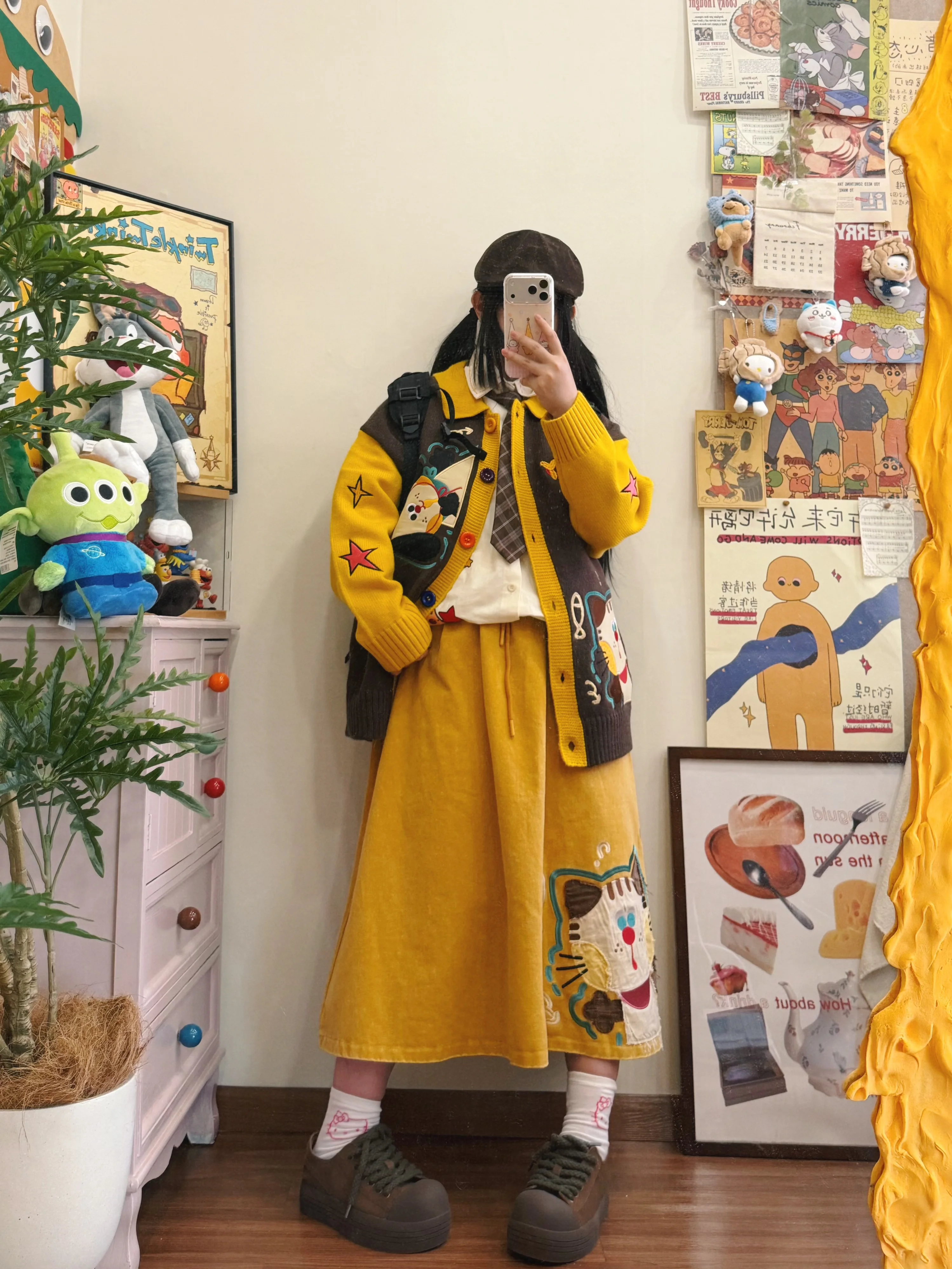 BIBULU American Retro Cartoon  Embroidery Skirt Women's Spring Autumn Loose Yellow Coffee Versatile Slimming Skirt