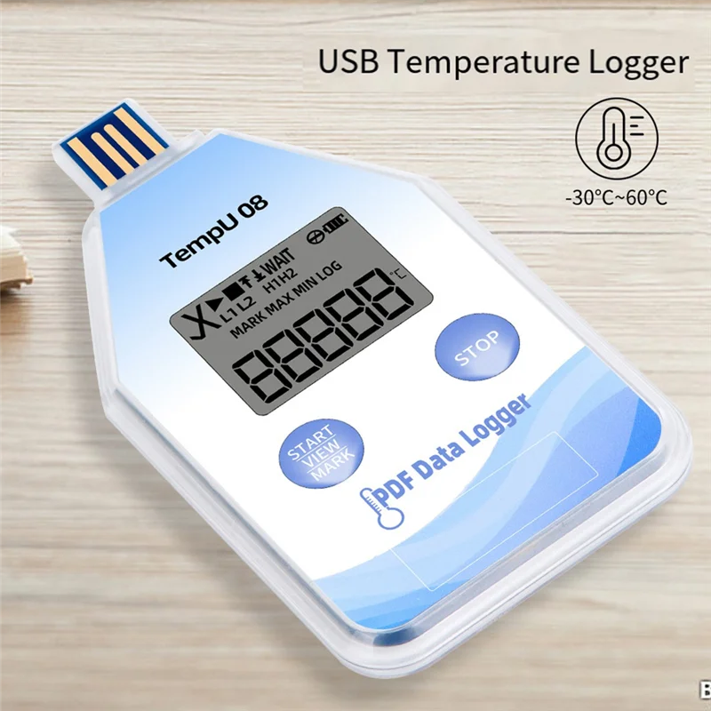 Registratore dati di temperatura digitale KYCOR-USB, impermeabile IP67, confezione da 5, rapporti PDF/CSV automatici monomuso per il monitoraggio della catena del freddo