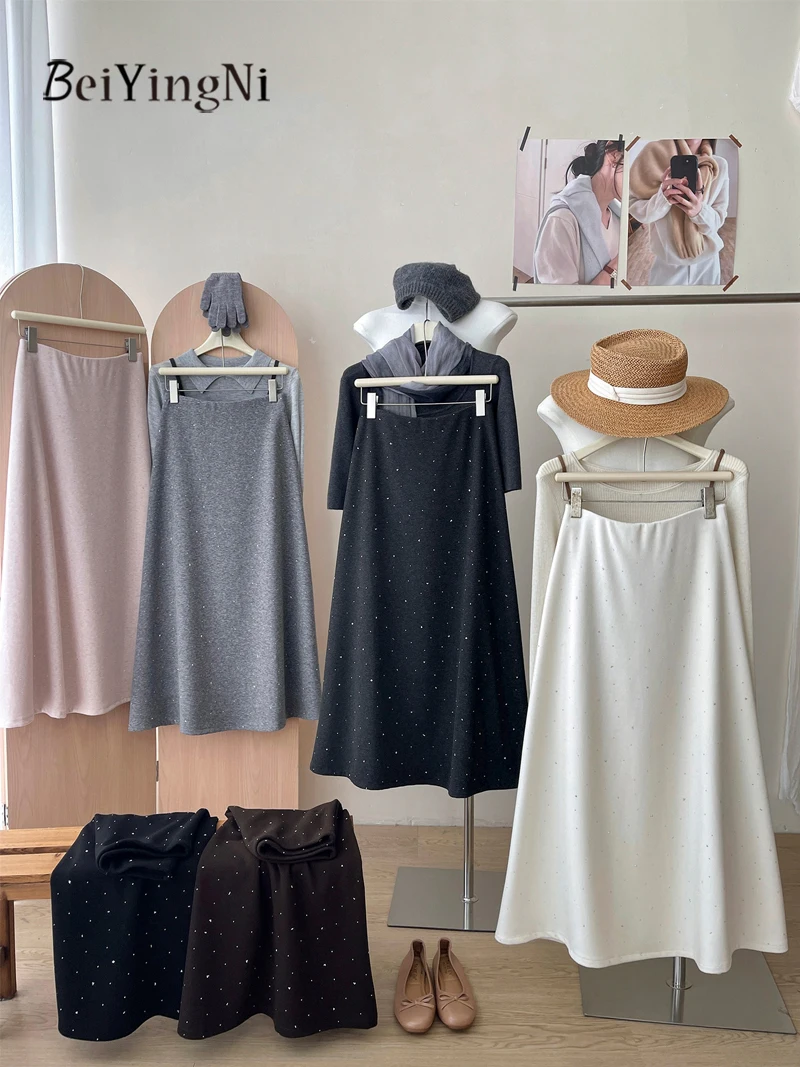 Beiyingni Winter Cashmere Maxi Skirts for Women Korean Chic High Waist Mermaid Skirt Office Ladies Stylish Black A-line Skirts