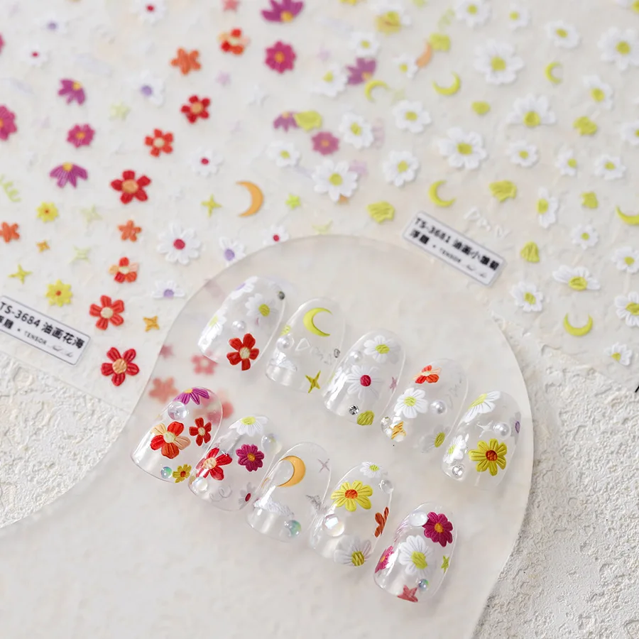 5D Nail Art Sticker Simple Daisy Graffiti Flower Nail Sticker Oil Painting Daisy Relief Thin Translucent Nail Art Sticker