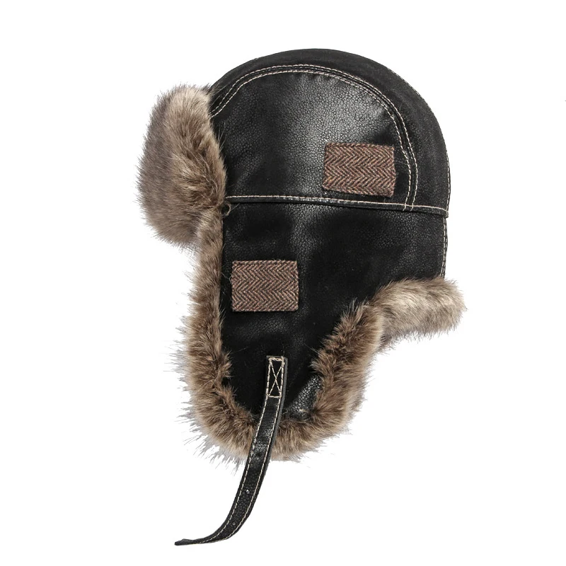 Winter Hat Men Bomber Cap Women Leather Ushanka Russian Hat with Earflaps Velvet Thick Snow Windproof Faux Fur Pilot Aviator Cap