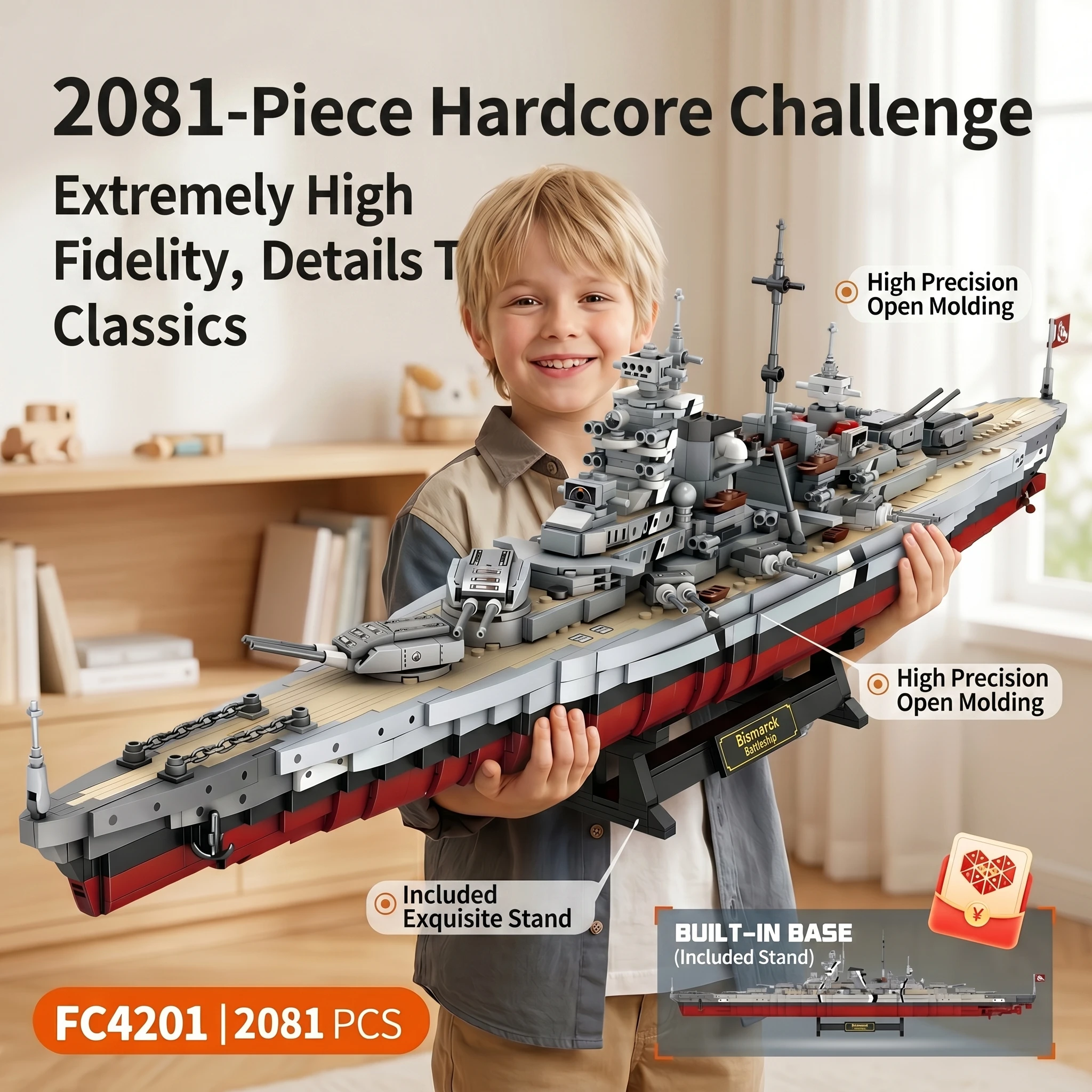 

Military Series FC4201 Bismarck Battleship, Kids Educational Building Blocks Toy Set, 2073 Pieces, Aviation Theme