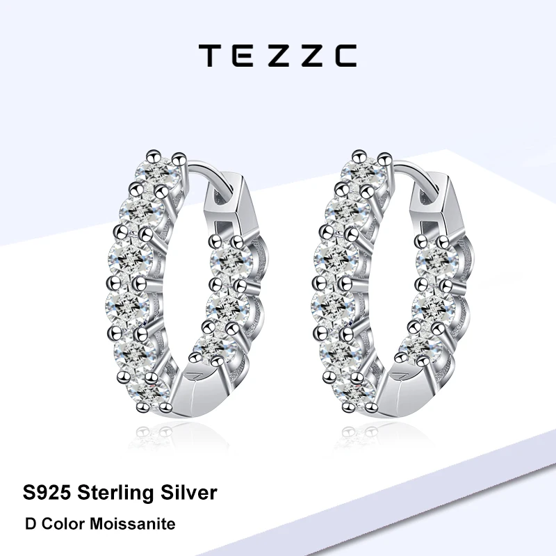 Tezzc Full  Moissanite Pave Hoop Earrings S925 Sterling Silver Earrings for Women Wedding Party Jewelry Gift With Certificate