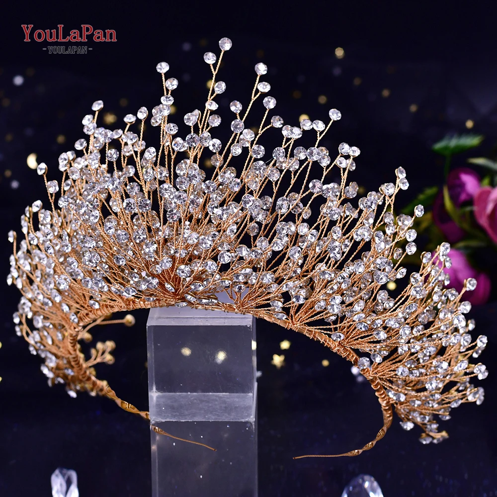 YouLaPan-corona nupcial dorada con diamantes de imitación, accesorios para el cabello de boda, joyería, diadema nupcial, Tiara de lujo para mujer, tocado para desfile