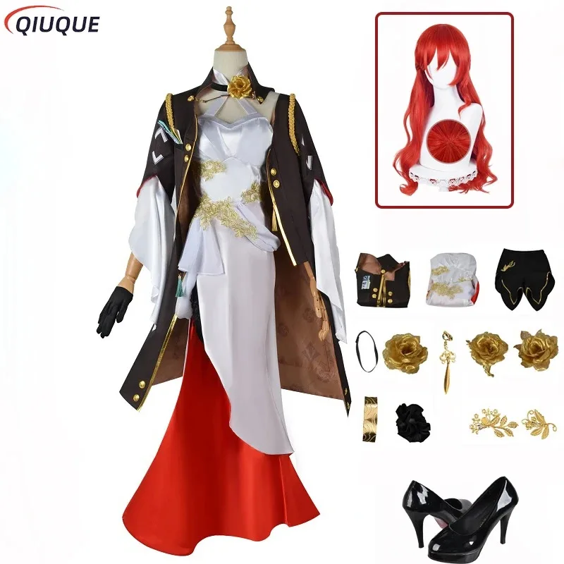Traje com brincos de chapéu jogo honkai star rail peruca cosplay himeko sapatos feminino vestido conjunto role play outfit, jlj