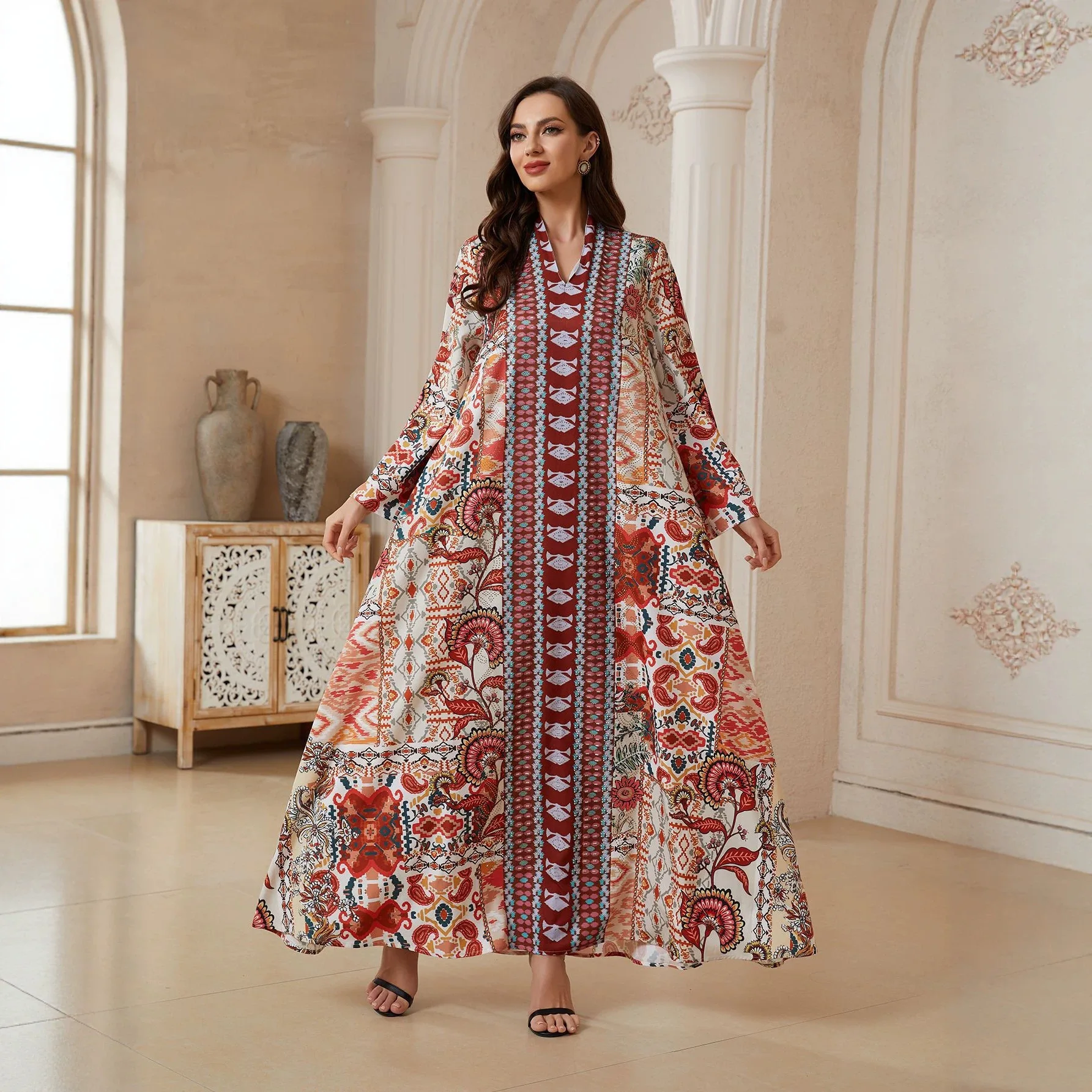 

Muslim Women Printed V Neck Abaya Dress Turkish Middle Eastern Evening Party Modest Gown