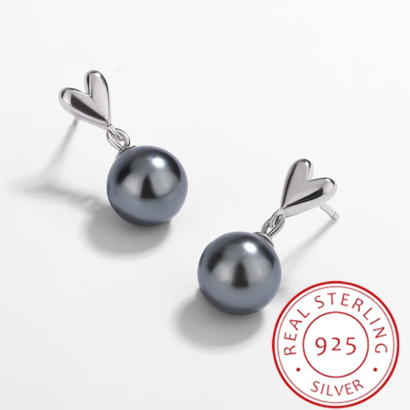 Fashion Classic Authentic S925 Silver Heart Shape Linen Gray Pearl Earrings Women's Accessories Valentine's Day Gift