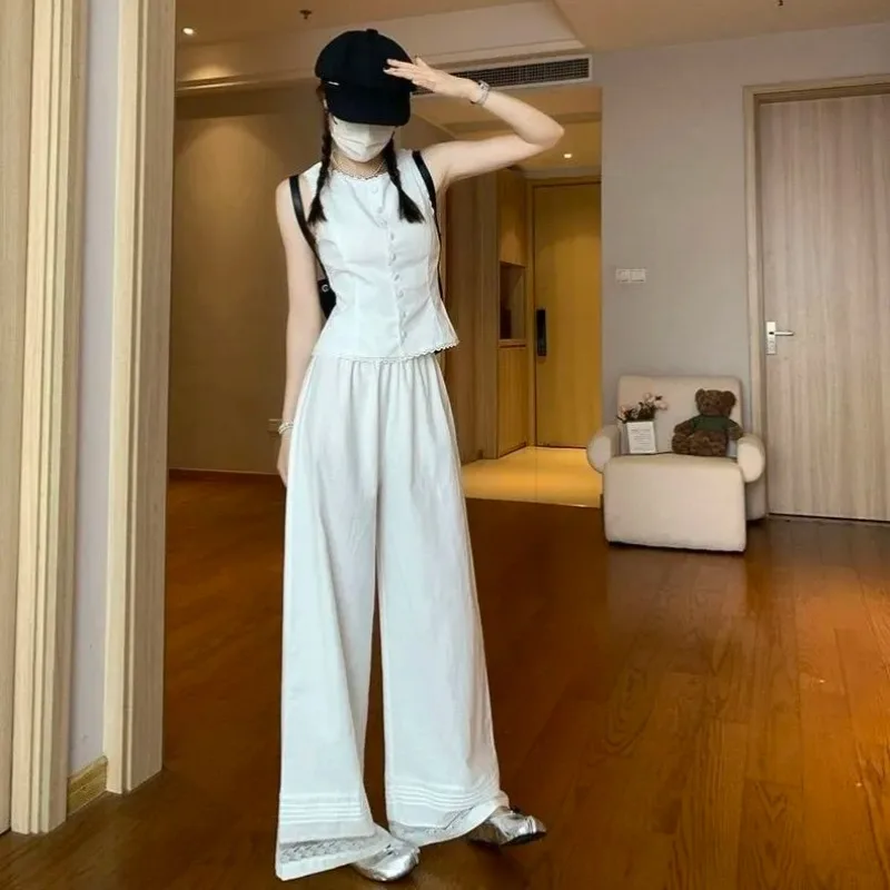 

Korean Casual Summer Women Sleeveless Lace Trim Vest High Waist Wide Leg Pants Two Piece Outfit Set