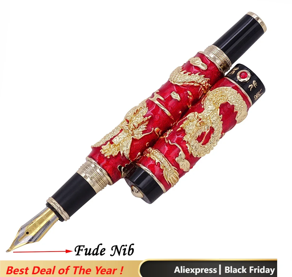 Jinhao Red Cloisonne Double Dragon Calligraphy Fountain Pen Fude Bent Nib Advanced Craft Writing Gift Pen for Business Office