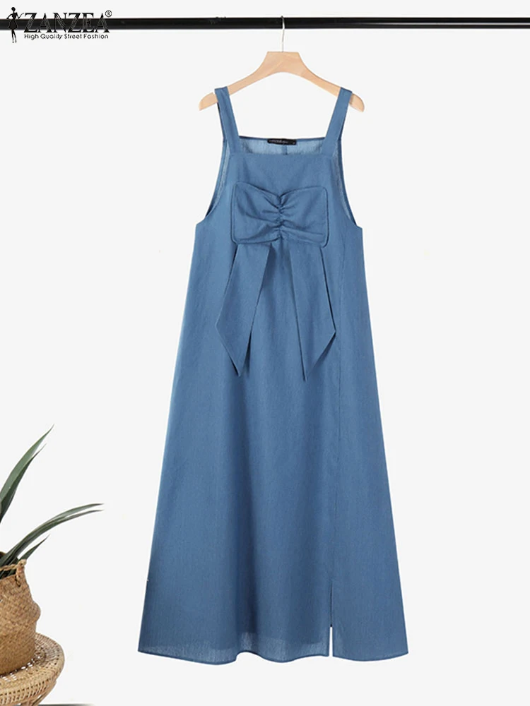 ZANZEA Suspender Summer Maxi Dress Denim Blue Islamic Bowknot Detail Muslim Pinafore Robes Women Casual Sleeveless Overall Dress