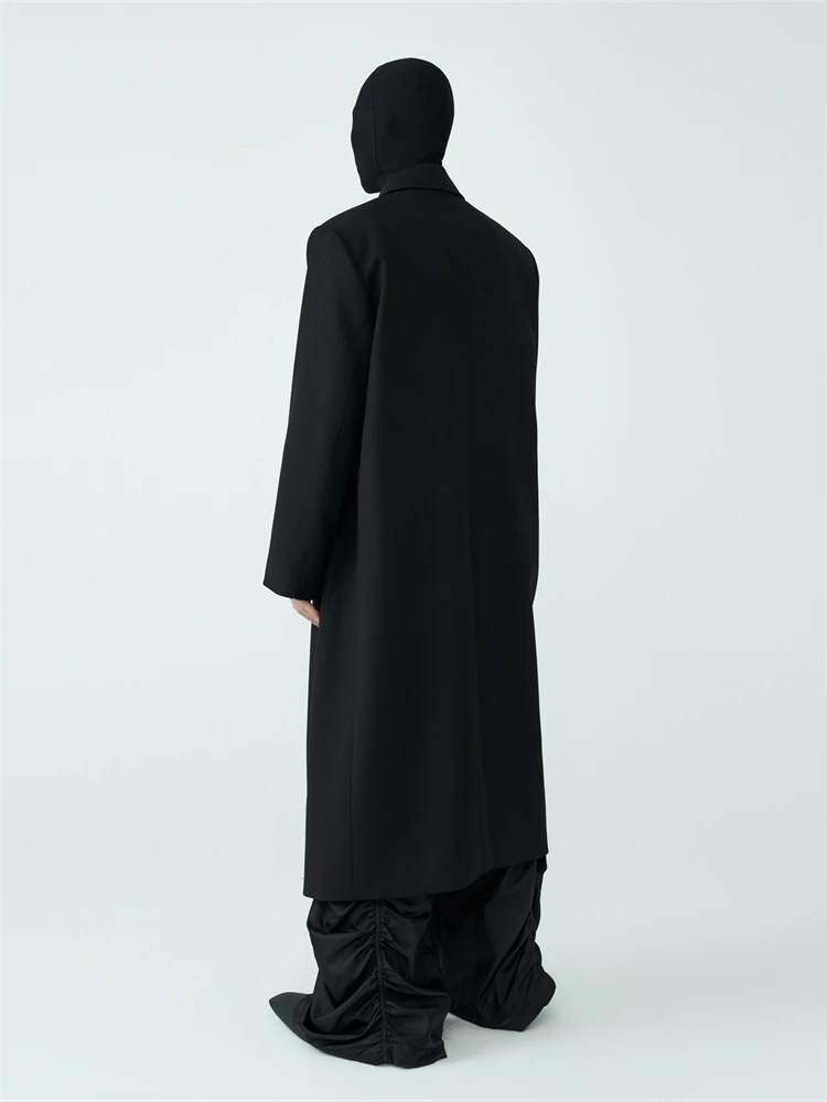 Gabardinas largas de lana para hombre, gabardina de lana sin botones, hombreras holgadas, abrigo negro empalmado de longitud media