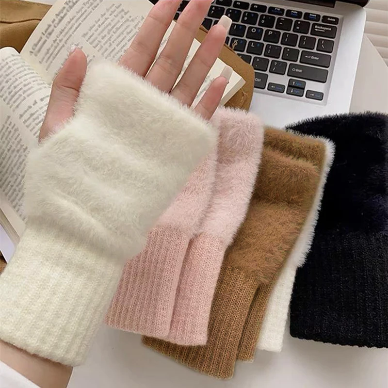 C.New S Winter Mink Fleece Soft Gloves Women Luxury Solid Warm Fingerless Gloves White Plush Knitted Wrist Mittens