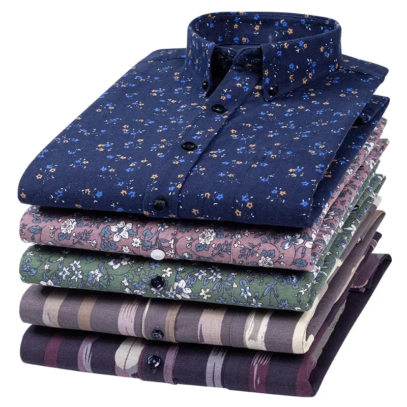 Big Size 100% Cotton Casual Long-Sleeve Shirts for Men Oxford Print Striped Tops Social Slim Fit Shirt Vintage Fashion Clothes