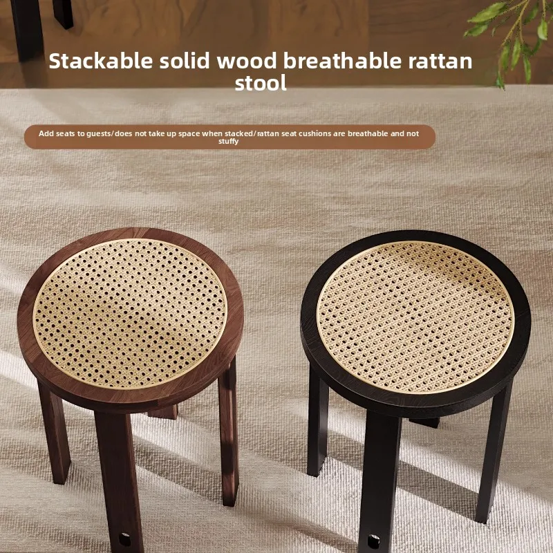 Middle Ancient Stackable Wooden Stool Rattan Woven Dining Chair Modern Accent Round Stools Space-Saving Seat for Kitchen & Cafe