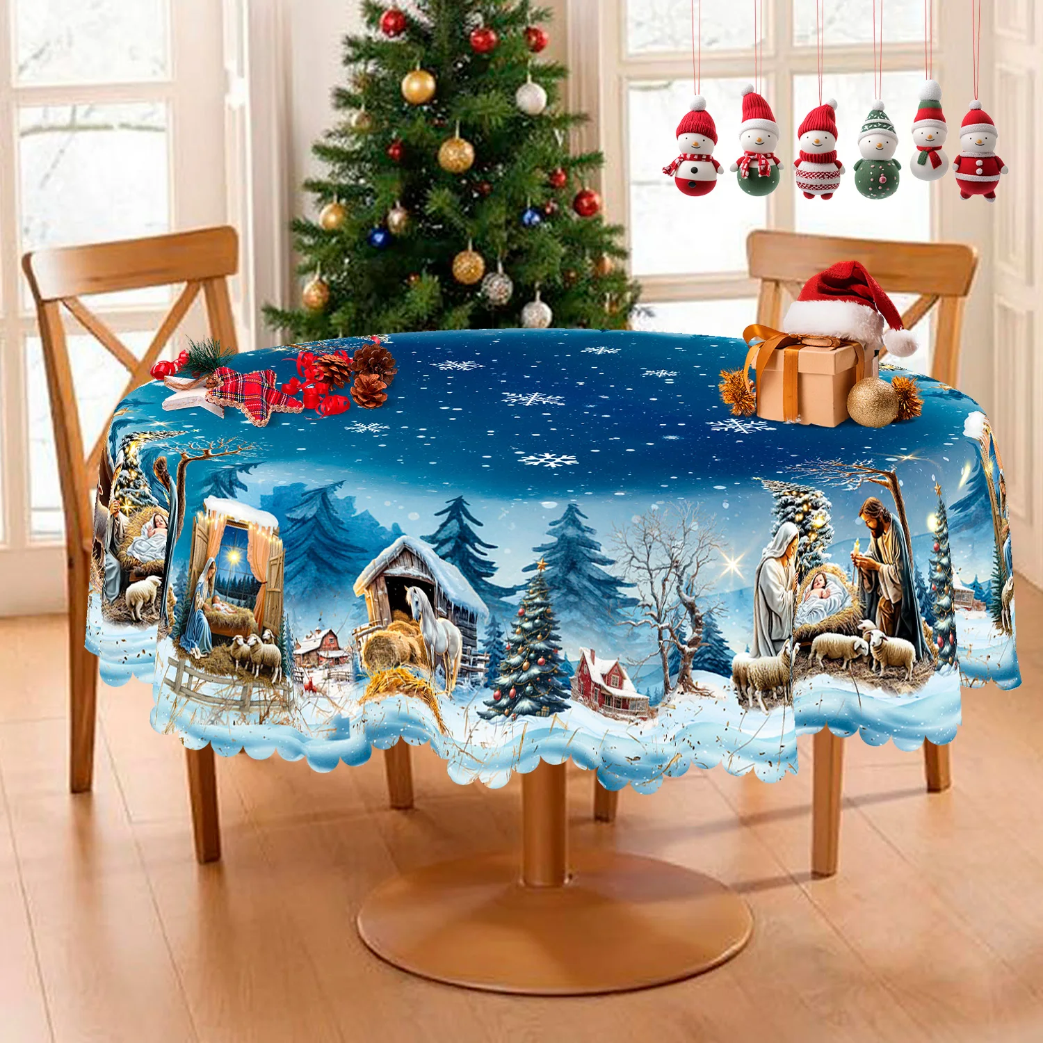1 pieza, mantel de poliéster con estampado navideño de copo de nieve y cielo estrellado + 4 pegatinas autoadhesivas, patrón de presépio, bordes en relieve, adecuado para la cocina del hogar, mesa de comedor, balcón, decoración de mesa de picnic al aire libre