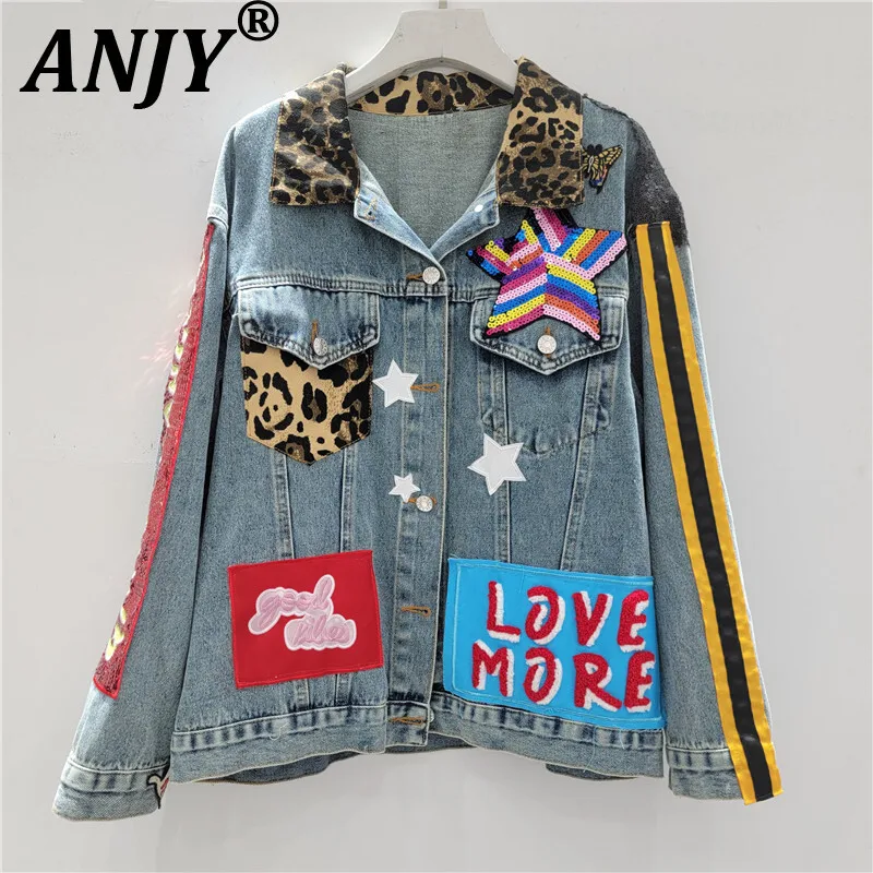 ANJY Autumn New Women Streetwear Y2K Stylish Letter Patch Designs Contrast Color Turn-down Collar Tide Casual Denim Jacket A8409