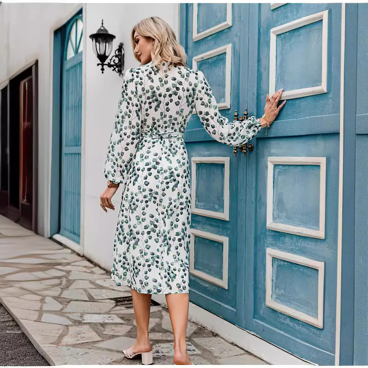 الربيع الصيف الأزهار طباعة طويلة Sve عطلة اين لو المرأة الدكتور ألف خط Sle عالية الخصر محبوك ألياف البوليستر