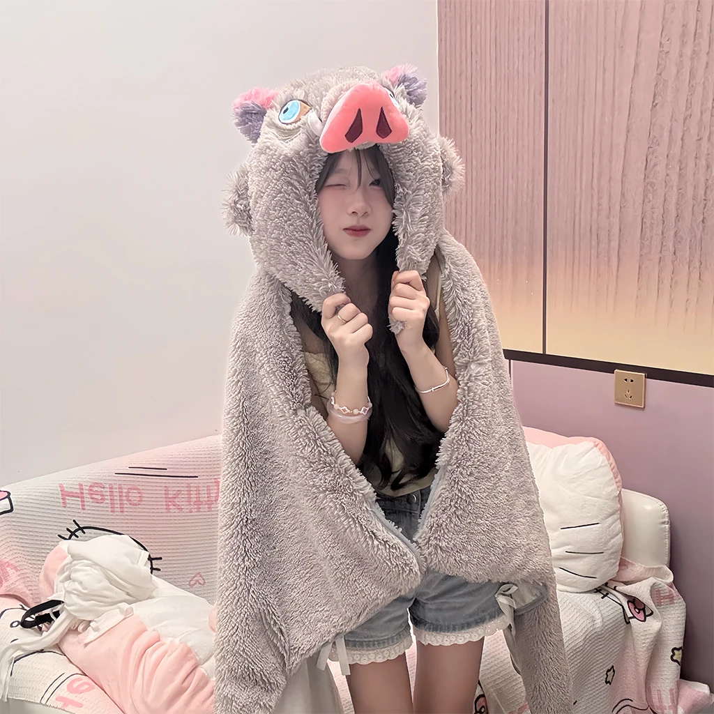 

Demon Slayer Hashibira Inosuke Plush Hat Cloak Wild Boar Head U-shaped Hooded Neck Pillow Cosplay Props Travel Blackout Pillow