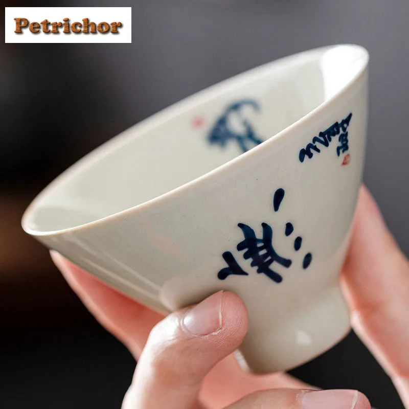 2 قطعة/الوحدة مكتوبة بخط اليد الأزرق والأبيض الخيزران قبعة فنجان الشاي خمر وعاء إبريق الشاي تذوق رائحة كوب Jianzhan ماستر أكواب تشا 70 مللي #2