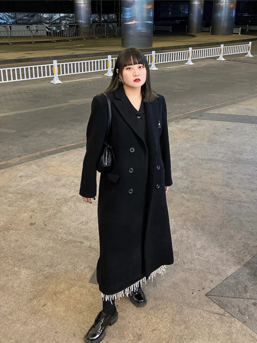 

Классическое длинное шерстяное пальто большого размера, свободного кроя, с отложным воротником, теплое, зимнее, для полных женщин, в уличном стиле, с длинными рукавами