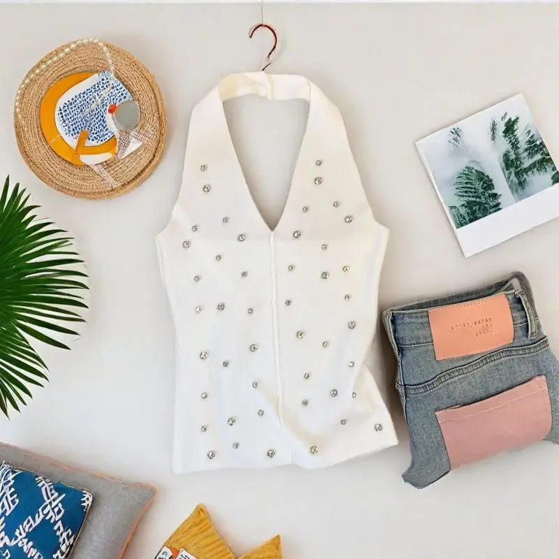 

Топ со стразами и лямкой на шее, женская одежда, сексуальный топ с открытой спиной на выход, блестящий жилет без рукавов