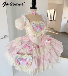 New 2024 Milky Yellow and Pink Patchwork Tube Top Dress Sweet Girl Women's Fairy Strapless Short Party Princess Dresses